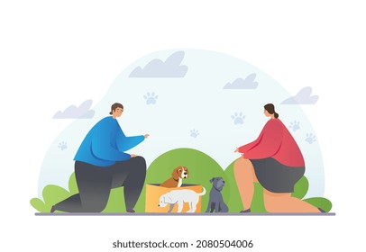 Concept of homeless puppies. Man and girl feeding animals on street. Charity, pet care. Characters with food in their hands sitting near puppies, volunteers. Cartoon flat vector illustration