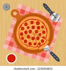 Concept Of Homemade Pizza On The Table With Knife. Cooking, Eat Vector Illustration In Flat Style