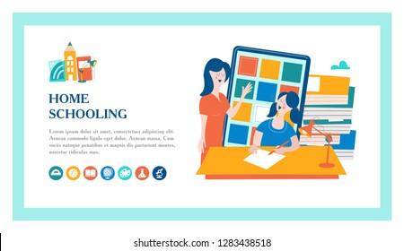 The concept of homeschooling. The emblem of home education for large families and families with children with disabilities. Vector illustration.