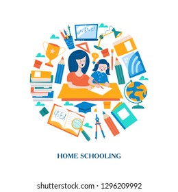 The concept of homeschooling. The emblem of home education for large families and families with children with disabilities. Vector illustration.