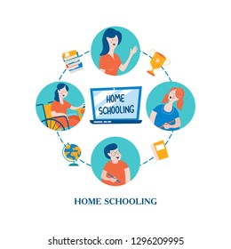 The concept of homeschooling. The emblem of home education for large families and families with children with disabilities. Vector illustration.