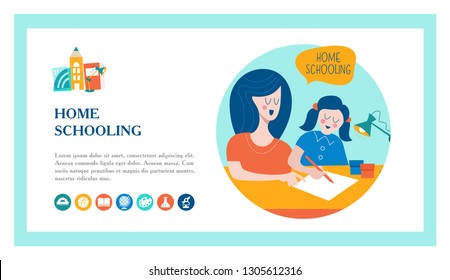 The concept of homeschooling. The emblem of home education for large families and families with children with disabilities. Vector illustration.