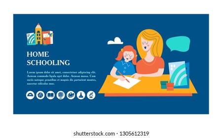 The concept of homeschooling. The emblem of home education for large families and families with children with disabilities. Vector illustration.