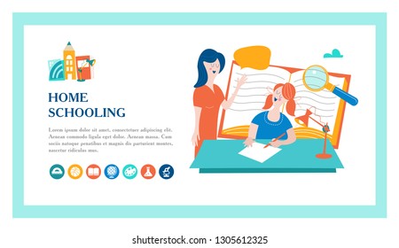 The concept of homeschooling. The emblem of home education for large families and families with children with disabilities. Vector illustration.