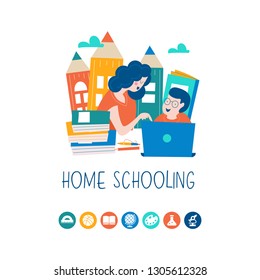 The concept of homeschooling. The emblem of home education for large families and families with children with disabilities. Vector illustration.