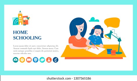 The concept of homeschooling. The emblem of home education for large families and families with children with disabilities. Vector illustration.