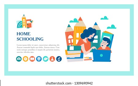 The concept of homeschooling. The emblem of home education for large families and families with children with disabilities. Vector illustration.