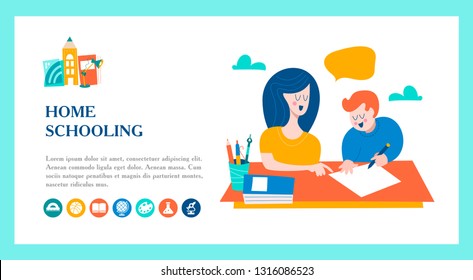 The concept of homeschooling. The emblem of home education for large families and families with children with disabilities. Vector illustration.