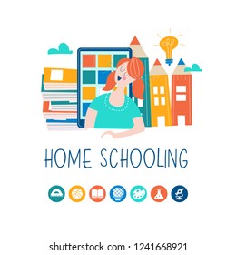 The concept of homeschooling. Home office. Girl studying with a tablet at home online. Emblem of education. Vector illustration