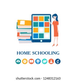 The concept of homeschooling. Home office. The teacher teaches using a tablet online. Emblem of education. Vector illustration.