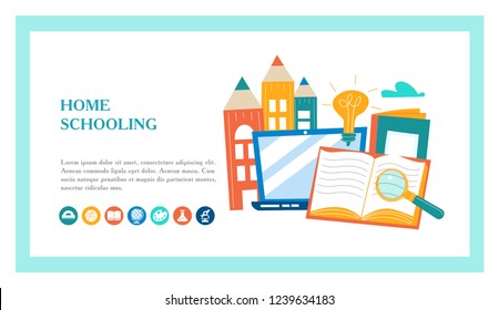 The concept of homeschooling. Home office. Textbooks, books, pencils, laptop on the table. Emblem of education. Vector illustration. Landing page template.