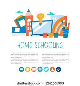 The concept of homeschooling. Home office. Textbooks, books, pencils, laptop on the table. Emblem of education. Vector illustration.