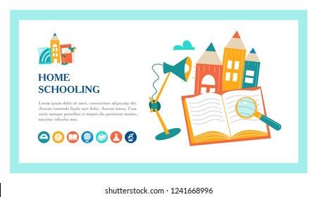 The concept of homeschooling. Home office. Textbooks, books, pencils and a Desk lamp on the table. Emblem of education. Vector illustration. Landing page template.