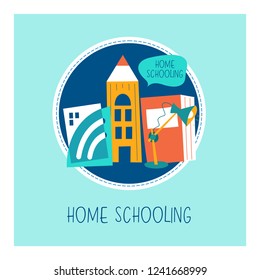 The concept of homeschooling. Home office. Textbooks, books, pencils and a Desk lamp on the table. Emblem of education. Vector illustration.