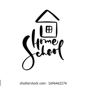 Concept of homeschooling. Vector Home School calligraphy lettering text and house icon. For studying at home online. Illustration emblem of education.