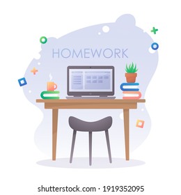 Concept of homework, workspace. Laptop, notebook on a table with plant, succulent in a pot, cup of coffee, tea, books and chair. Vector illustration isolated on white background. 