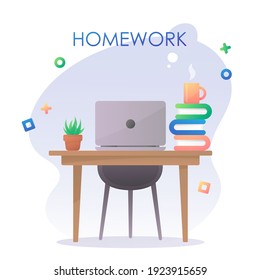 Concept of homework, workspace. Laptop, notebook on a table with plant, succulent in a pot, cup of coffee, tea, books and chair. Vector illustration isolated on white background. 
