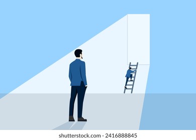 Concept of hope to solve problems, businessman climbing stairs towards exit shining bright. challenge to overcome difficulties or courage to run away for freedom, hope to overcome fear concept.
