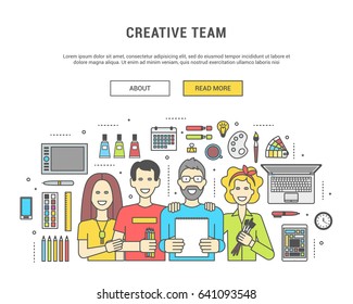 Concept horizontal banner flat line design graphic image. Icons set of creative work flow Items, for web site and application. Vector Illustration