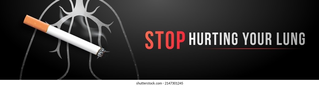 Concept horizontal banner for World No Tobacco Day. Vector design with cigarette, lungs shape and text Stop smoking on black background.