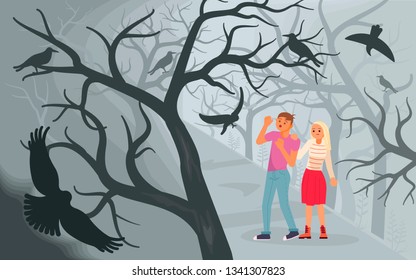 Concept of horror and Halloween background. Black ravens attacking a man and a woman walking in a misty forest. Flat Art Vector illustration