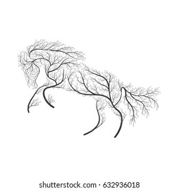 Concept horse jumping stylized bush for use  on cards, in printing, posters, invitations, web design and other purposes