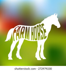 Concept of horse silhouette with text inside on farm background. Vectr illustration