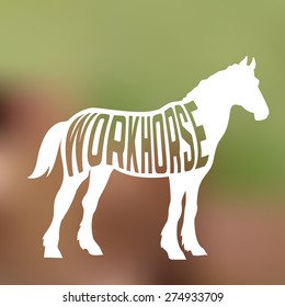 Concept of horse silhouette with text inside on farm background. 