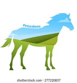 Concept of horse silhouette with text on field background. Vector illustration