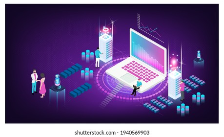 Concept of Hosting server, Digital information technologies, Big data flow processing, digital science lab, data center server room, cloud database, Software, web development and programming concept.