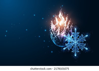 Concept of hot and cold, temperature regulation with snowflake and fire in futuristic style on blue svg