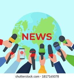 Concept of hot, fresh news. Hands of journalists with microphones. Flat vector illustration