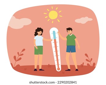 Concept of hot summer day with scorching sun. Temperature and thermometer in critical zone. Possibility of heat stroke and dehydration. Isolated vector illustration.