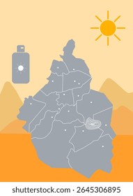 Concept of hot weather, rising temperatures, map of Mexico City, CDMX