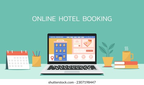 concept of hotel searching and booking online by using reservation website on laptop screen with bed in room, flat vector illustration