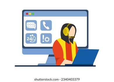 Concepto de trabajador de línea directa, asistente en línea, telemarketer, atracción del cliente. Consultor con auriculares para ayudar al cliente. asistencia al cliente. Ilustración vectorial en forma plana para UI, banner web, aplicación.