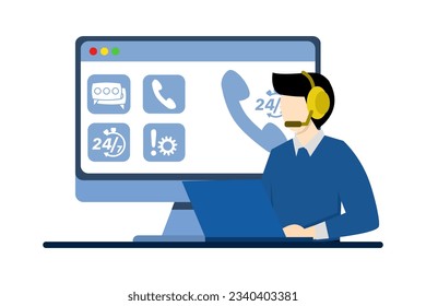 Concepto de trabajador de línea directa, asistente en línea, telemarketer, atracción del cliente. Consultor con auriculares para ayudar al cliente. asistencia al cliente. Ilustración vectorial en forma plana para UI, banner web, aplicación.