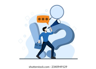 Concept of hotline worker, online assistant, telemarketer, customer attraction. Consultant with binoculars helping customer. customer support. Vector illustration in flat shape for UI, web, app.