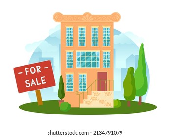 The concept of a house for sale. Sale or rental of real estate. House on a plot of land with surroundings and trees in a cartoon style. Vector illustration isolated on white background.