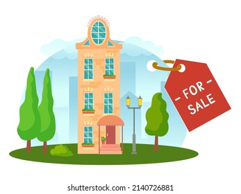 The concept of a house for sale. Sale or rental of real estate. House on a plot of land with surroundings and trees in a cartoon style. Vector illustration isolated on white background.