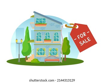 The concept of a house for sale. Sale or rental of real estate. House on a plot of land with surroundings and trees in a cartoon style. Vector illustration isolated on white background.