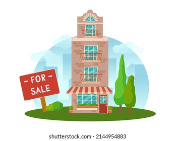The concept of a house for sale. Sale or rental of real estate. House on a plot of land with surroundings and trees in a cartoon style. Vector illustration isolated on white background.