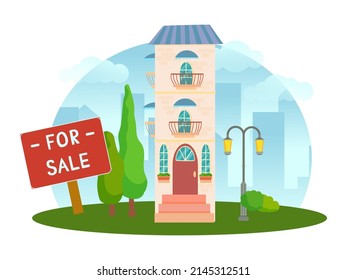 The concept of a house for sale. Sale or rental of real estate. House on a plot of land with surroundings and trees in a cartoon style. Vector illustration isolated on white background.