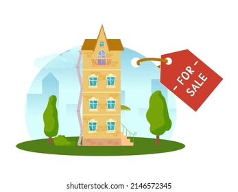 The concept of a house for sale. Sale or rental of real estate. House on a plot of land with surroundings and trees in a cartoon style. Vector illustration isolated on white background.