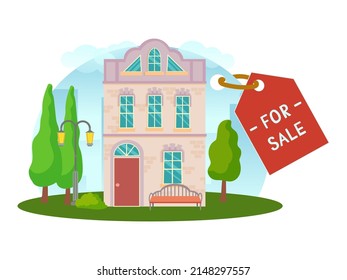 The concept of a house for sale. Sale or rental of real estate. House on a plot of land with surroundings and trees in a cartoon style. Vector illustration isolated on white background.