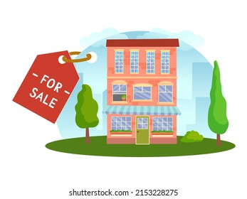 The concept of a house for sale. Sale or rental of real estate. House on a plot of land with surroundings and trees in a cartoon style. Vector illustration isolated on white background.