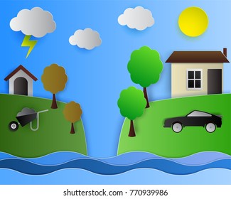 The concept of houses and cars for the rich and poor, in the paper art style. Vector illustration.