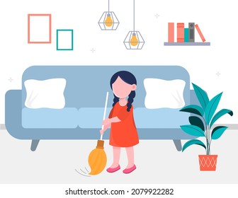 Concept of housework. Girl with broom sweeps garbage in apartment. Children helps adults with cleaning, routine, daily chores, teenager activity, dusting room. Cartoon flat vector illustration