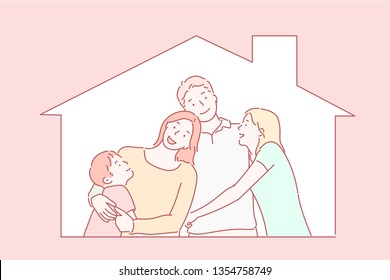 concept housing a young family. Mother father and child in new house with a roof. Hand drawn style vector design illustrations.