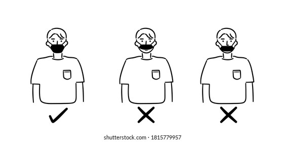 Concept how to wearing face mask correctly. The man wearing protective mask for prevent coronavirus disease. Vector illustration in flat cartoon design. 
